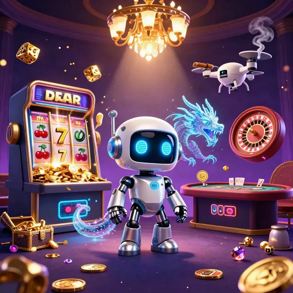 Cyberpunk casino heroes with slot burst, roulette spin, gold, dragon, and drone in a glowing premium key art scene.