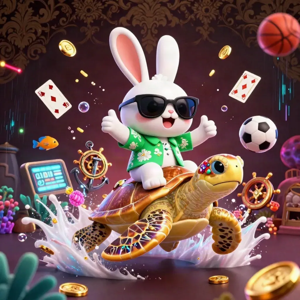 Lucky rabbit on a golden sea turtle amid treasure, cards, fish, and casino lights.