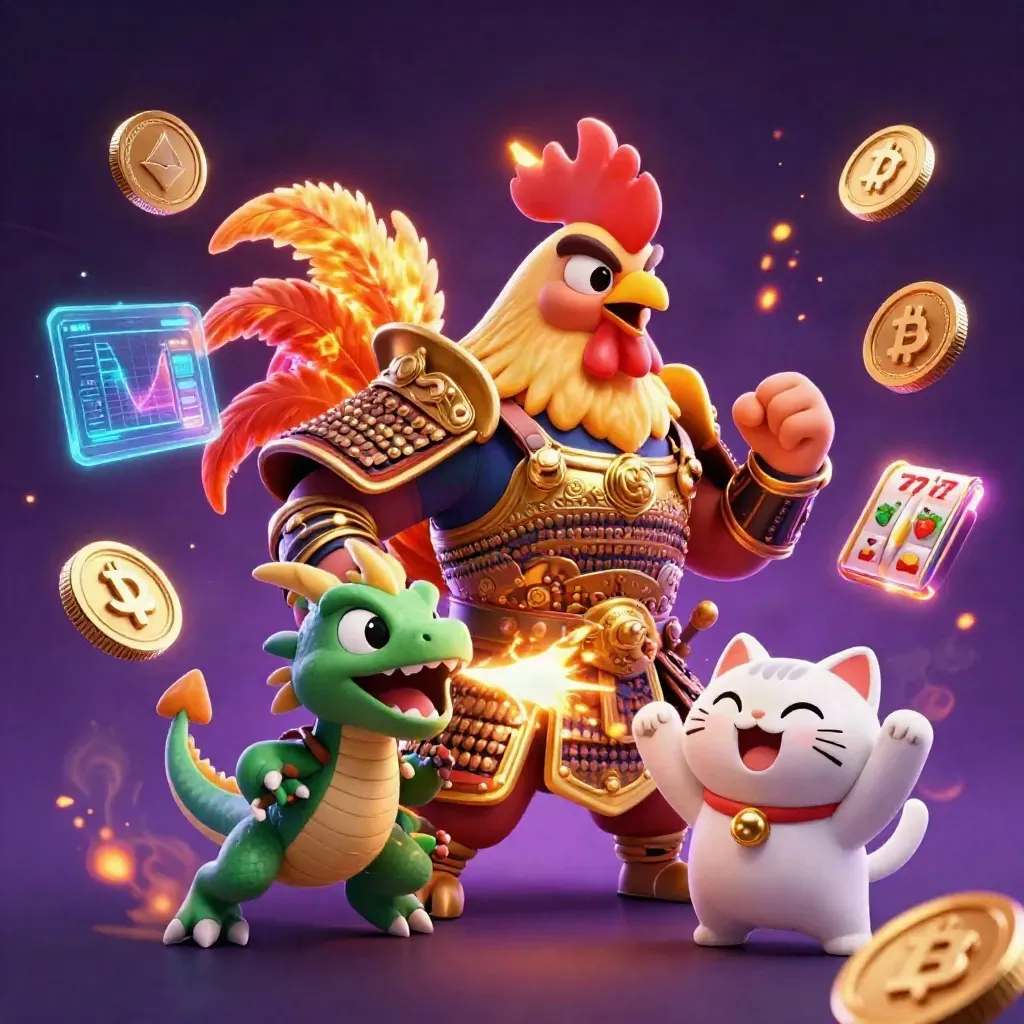 Samurai rooster, spark-breathing dragon hatchling, and cheering lucky cat amid casino crypto effects.