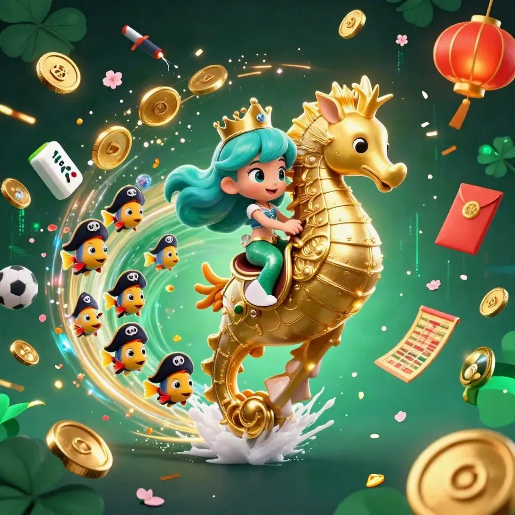 Mermaid princess rides armored seahorse amid coins, lanterns, fireworks, and betting icons.