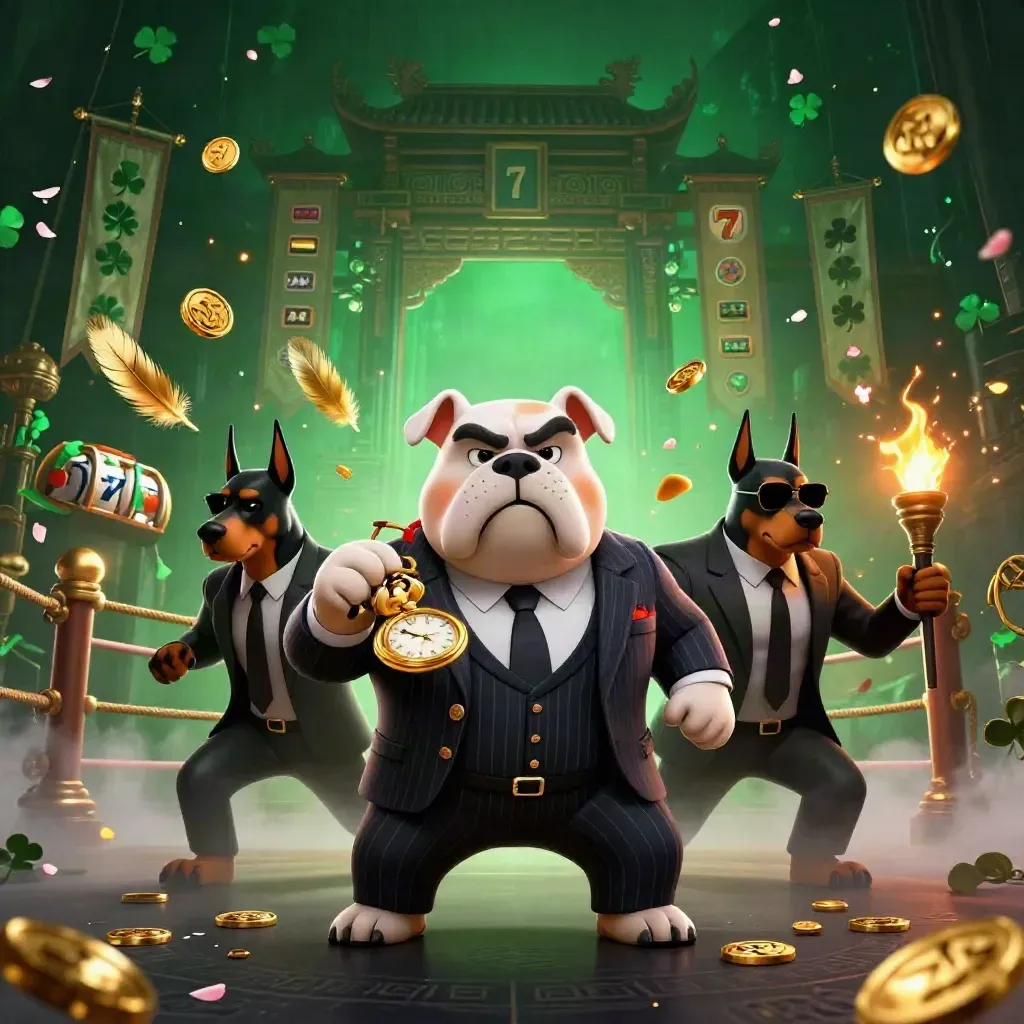 Bulldog mafia boss and Doberman guards amid neon casino chaos, coins, temple gate, and green fire
