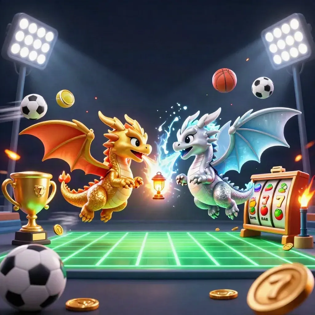 Gold and silver dragons spiral through fire and ice above casino lights and coins.